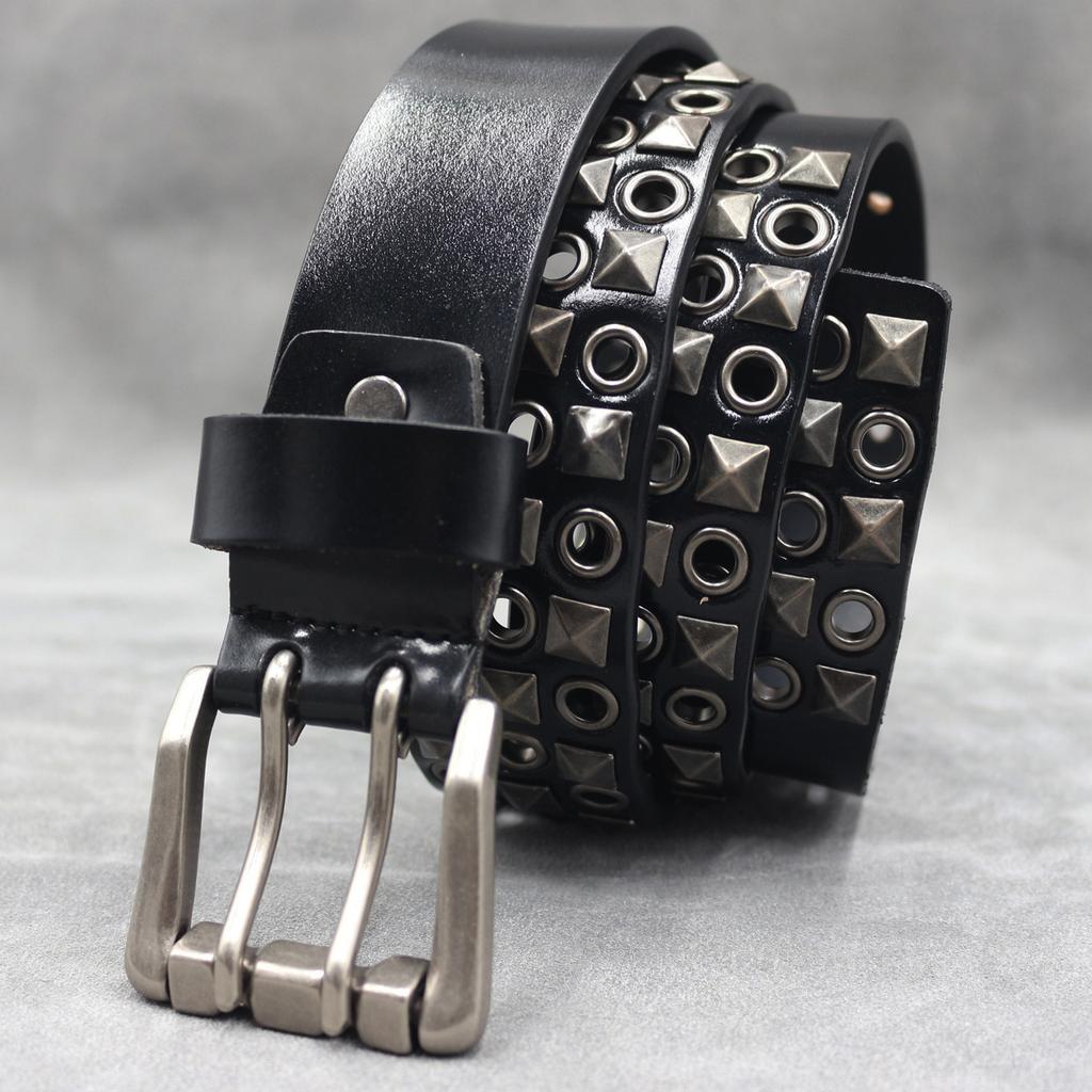 Design Punk Car Eye Hollow Rivet Men's Real Cowhide Belt Nightclub Women's Double Pin Buckle Belt