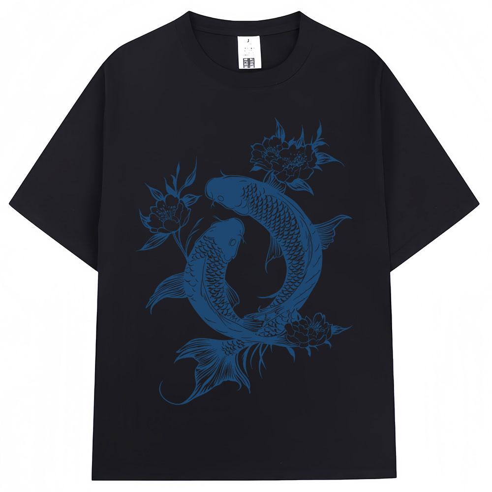 Japanese Koi Fish Tokyo Style Graphic T-shirt Fashion Vintage Summer T-shirts Oversized Cotton Casual Tees Streetwear