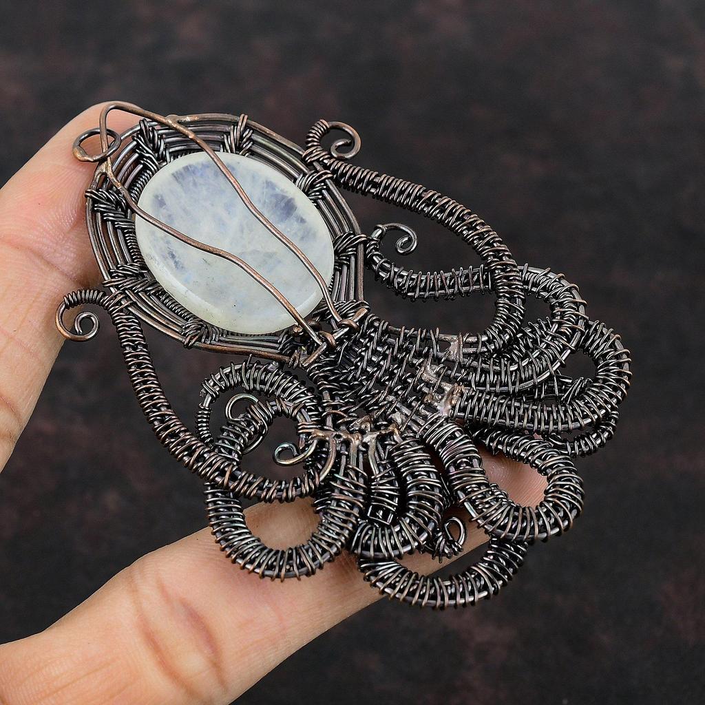 Rainbow Moonstone Pendant Copper Wire Wrapped Gemstone Pendant Octopus Pendant Copper Wire Wrap Jewelry Gift For Her Handmade Unique Pendant