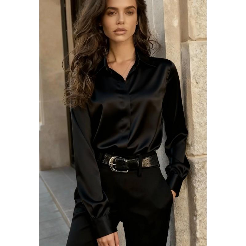 Womens Long Sleeve Satin Button-Up Shirt With Collar Pure Color Office Wear Work Casual
