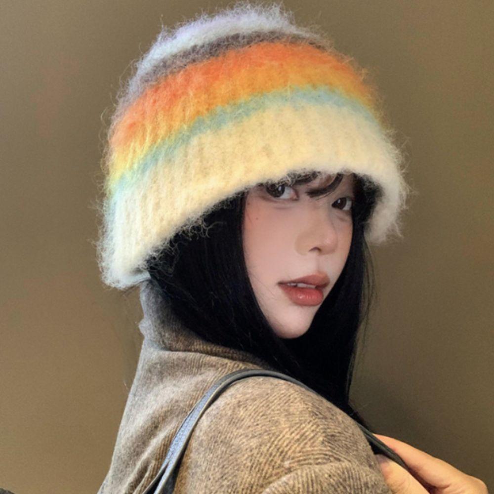 Autumn Winter Colored Woolen Hat Korean Women Beanie Hat Trendy Y2k Striped Hat  Female