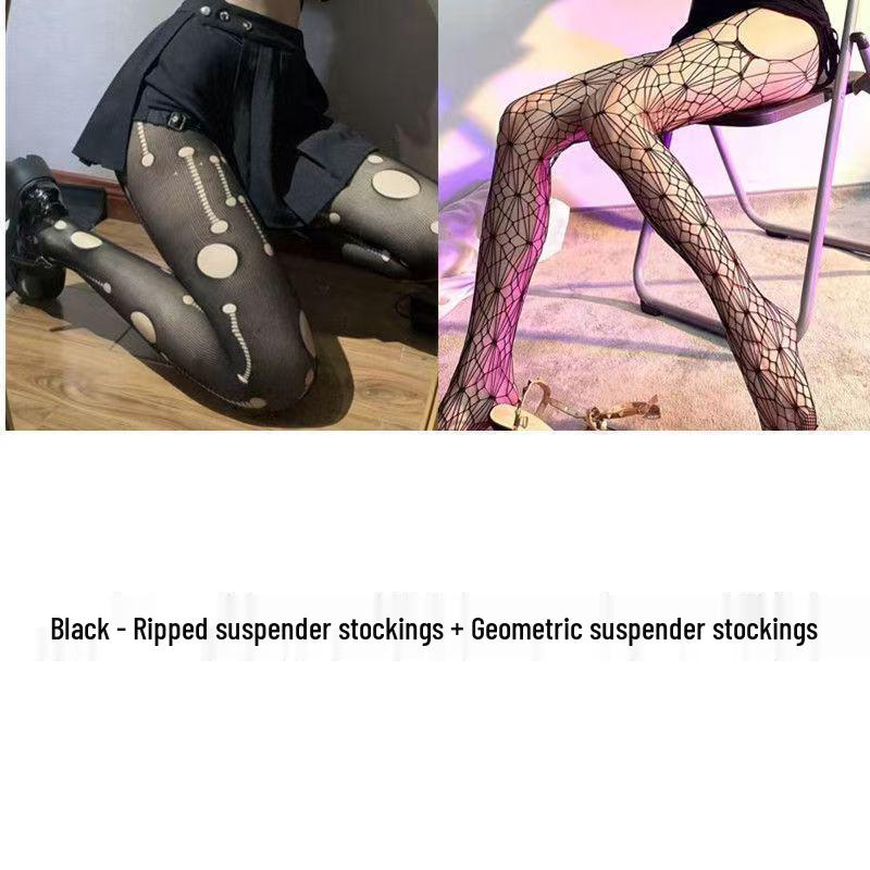Винтажные черные шелковые чулки-сетка на подтяжках - Тонкие, рваные выше колена для весны и осени