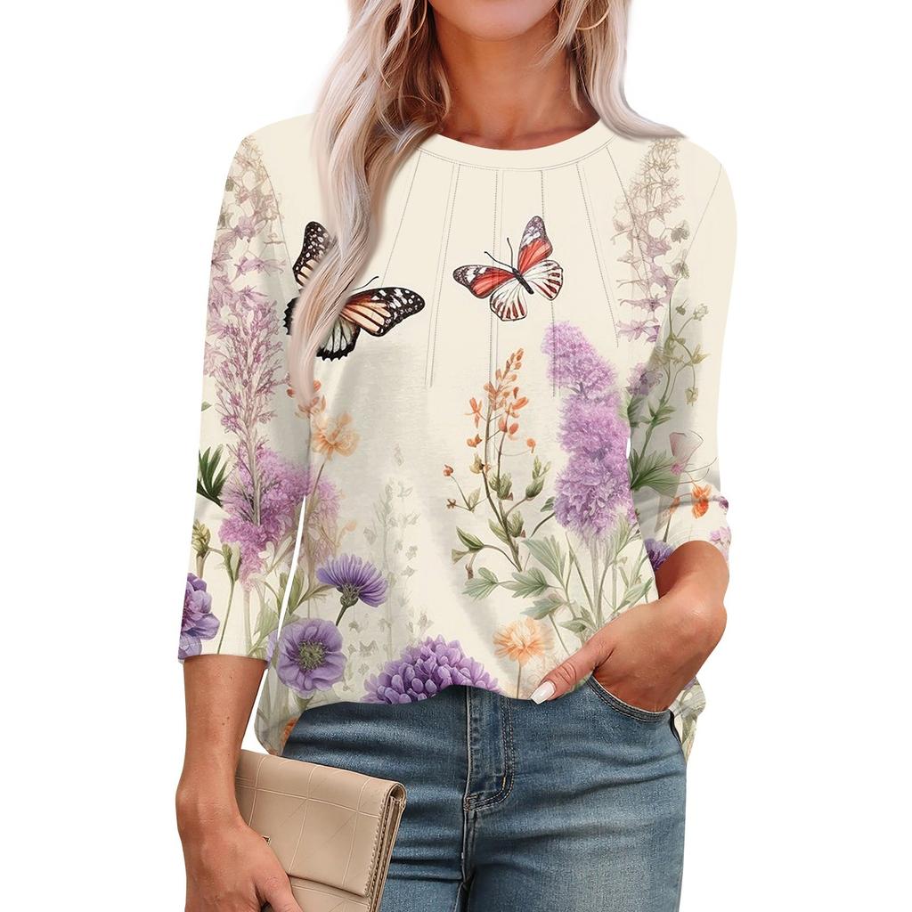 Женская модная повседневная футболка с круглым вырезом и рукавом семь четвертей в стиле ретро с принтом, плиссированная футболка