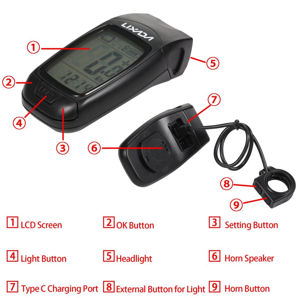 3 In 1 Bike Computer USB Rechargeable Wireless Cycling Computer Bicycle Speedometer with LED Front