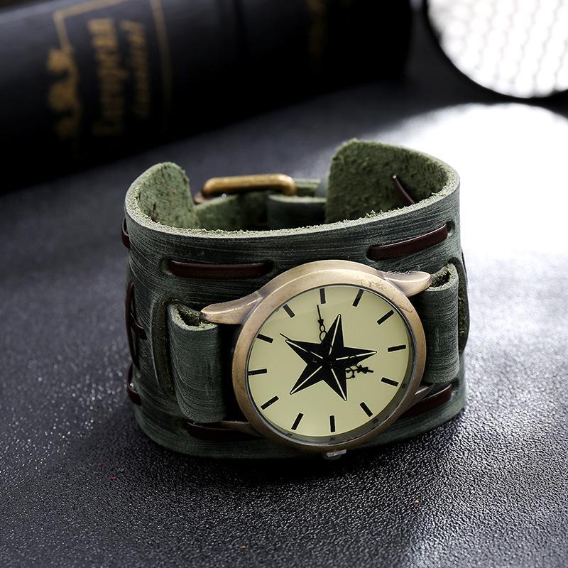 Мужские ретро-панк-часы: Широкий кожаный браслет в европейско-американском стиле