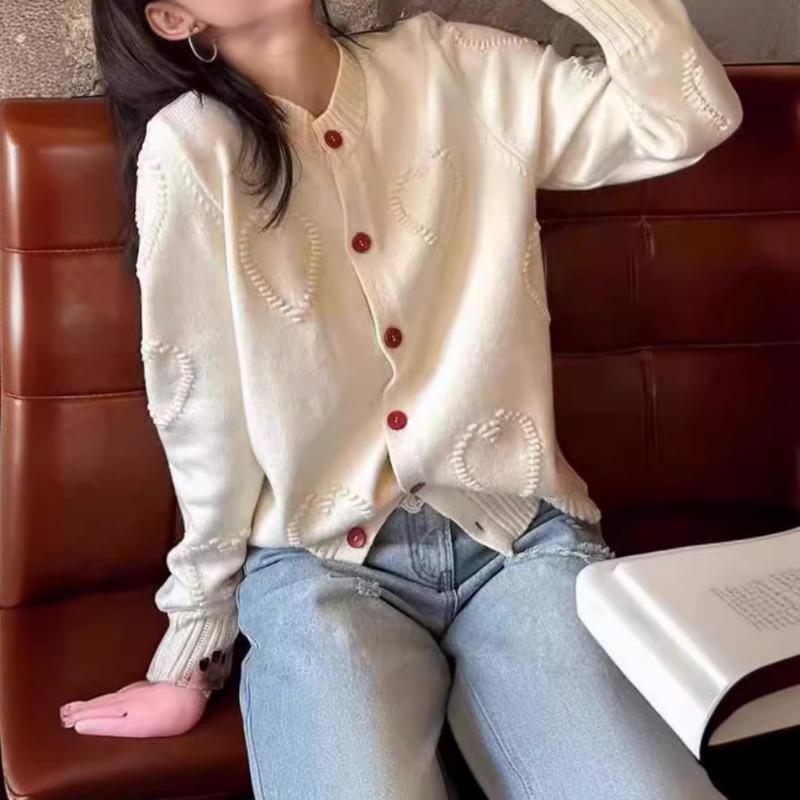 Autumn New Love Crew Neck Knitted Sweater Women's Three-dimensional Single-breasted Loose Sweater Cardigan Women's Coat
