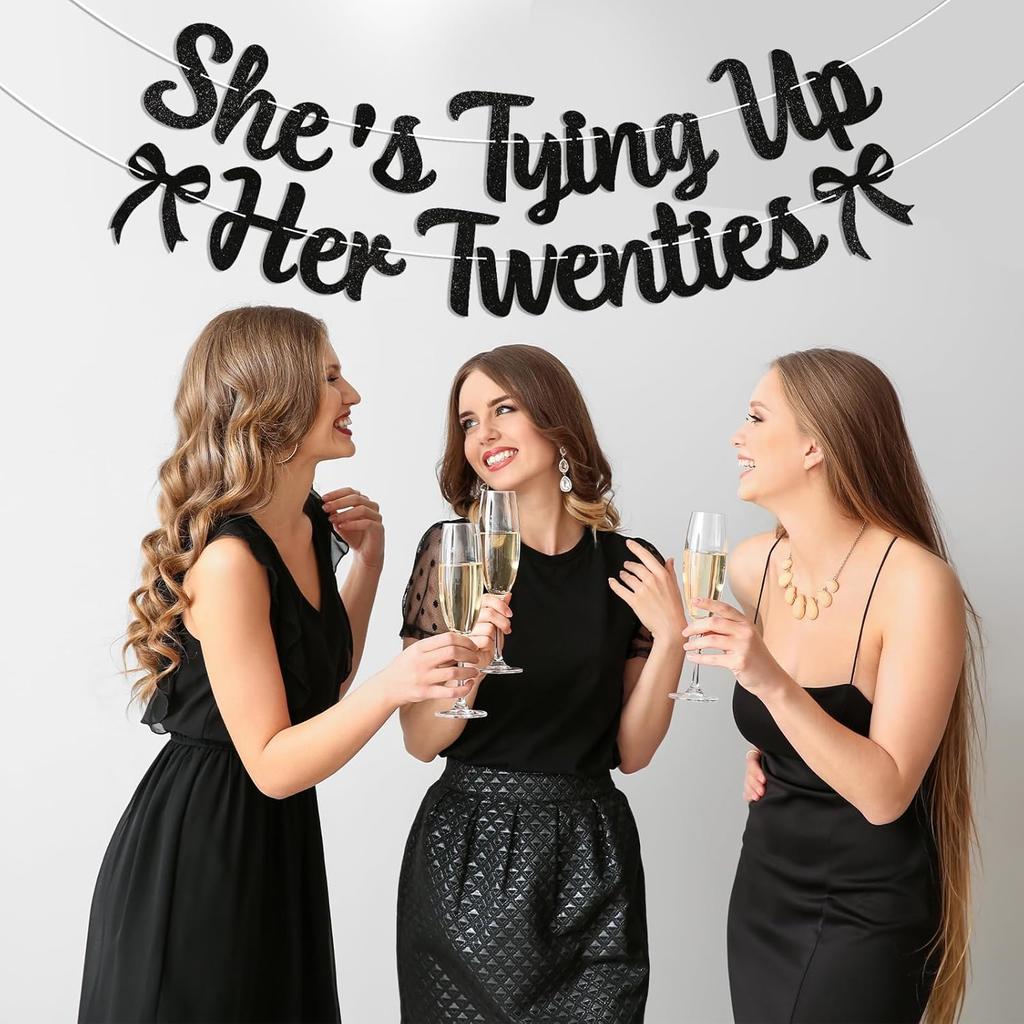 She's Tying Up Her Twenties Banner - Black Coquette 30th Birthday Decor, Black Bow Thirty Years Old Birthday Party Decorations