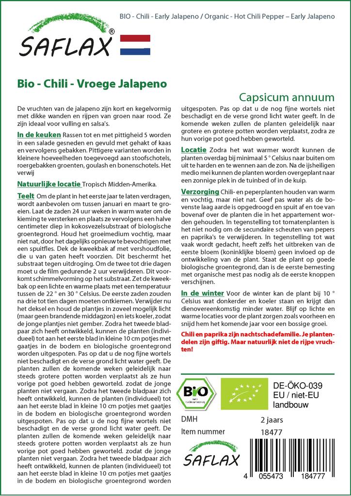 SAFLAX Сад в сумке - Органический - Острый перец чили - Ранний халапеньо - 20 семян - С субстратом в подходящем стоячем мешке - Capsicum annuum