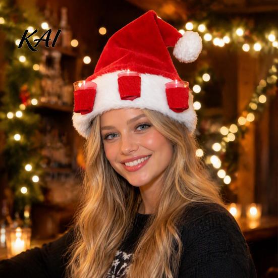 Beer Drinking Cap Plush Christmas Hat with Drink Holder, Adults Velvet Santa Claus Soft 3 Cups, Red Xmas for New Year Holiday Party Cups