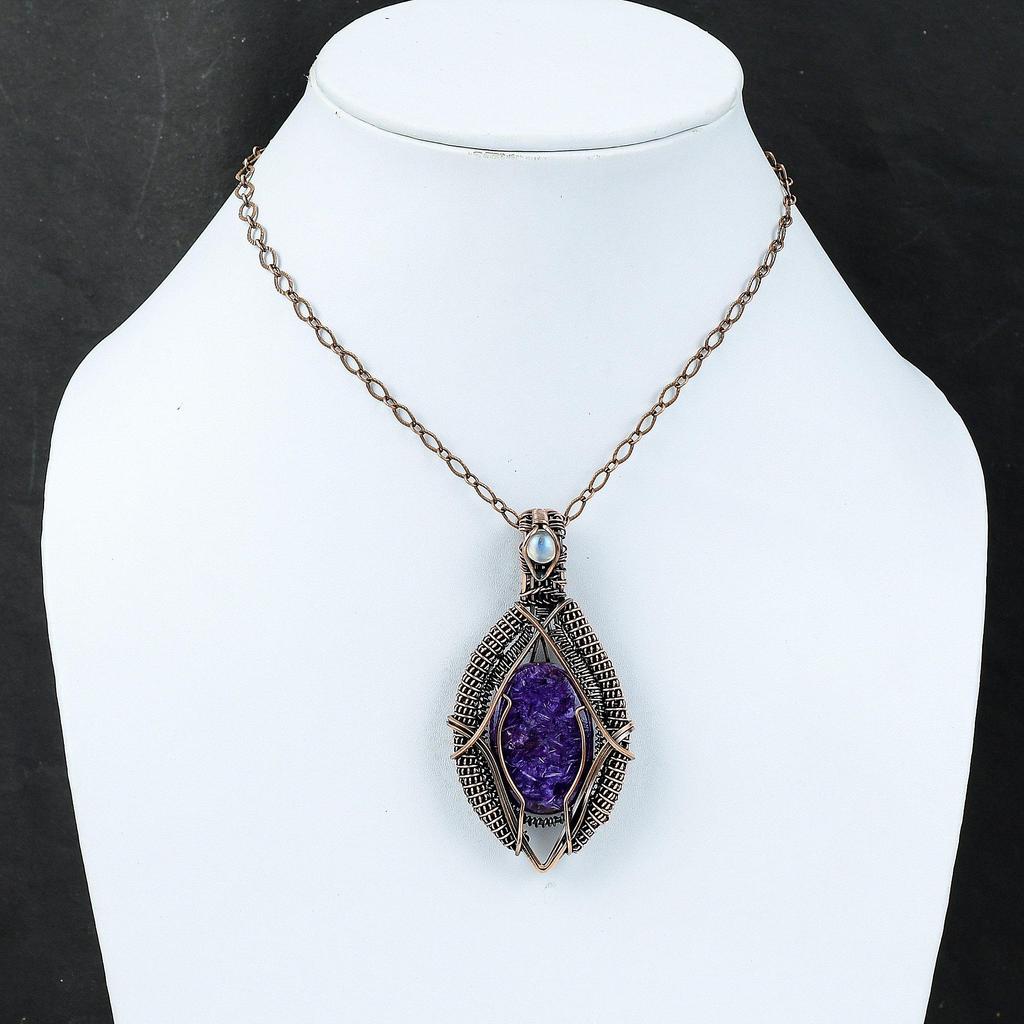 Подвеска из чароита, медная проволочная обертка, ручная работа, проволочная обертка, подвеска из радужного лунного камня, подвеска из драгоценного камня, медные украшения для подарка