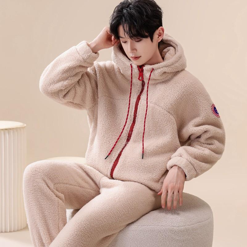 Couple Coral Fleece Pajamas Set Thick Warm Winter Loungewear Men Women