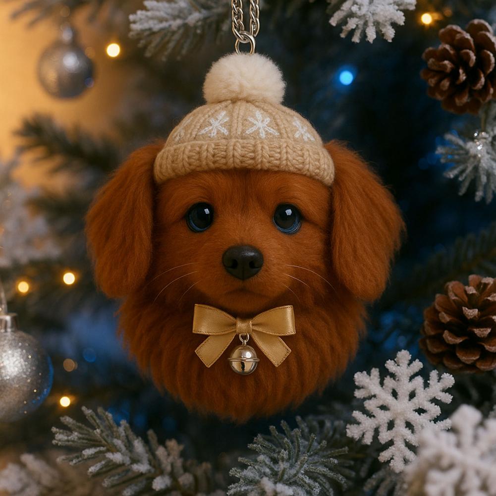 Pom-Pom Pet Ornament 2D Acrylic Cute Dog Christmas Ornament Cartoon Furry Pet Shaped Xmas Tree Hanging Decor for Holiday Party