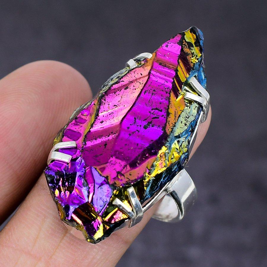 Natural Peacock Titanium Aura 925 Sterling Silver Jewelry Ring Size 10 p1C56