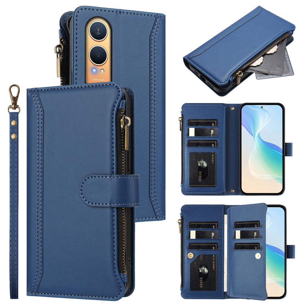 For Oppo K12x 5G (China)/OnePlus Nord CE4 Lite 5G Leather Case 9 Card Slots Zipper Wallet Stand Phone Cover with Wrist Strap