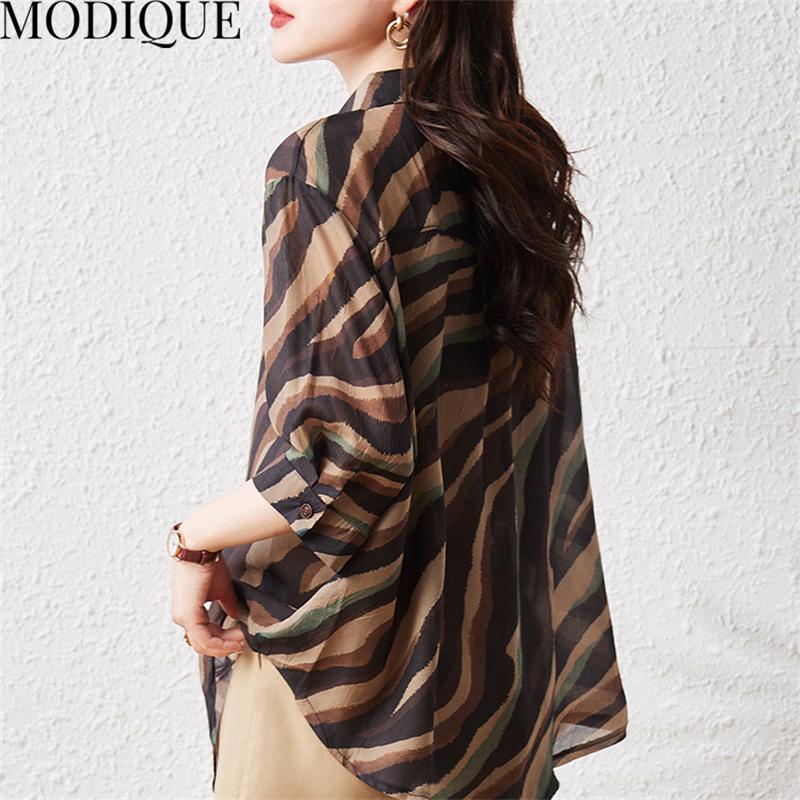 MODIQUE/летняя женская хлопково-льняная блузка больших размеров с принтом, волнистый вырез, летние офисные женские пальто, большие пуговицы-поло