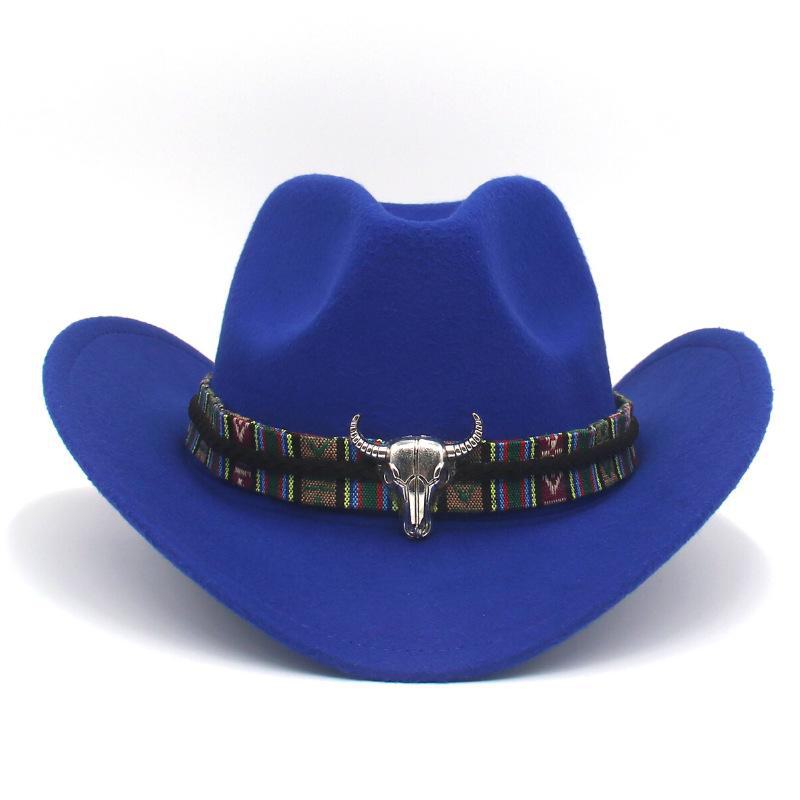 Western Cowboy-Style Wool Felt Hat with Bull Head Accent - Tibetan-Inspired Autumn/Winter Jazz Hat