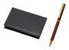 Recycled Cowhide Business Card Holder and Wooden Rotating Ballpoint Pen Set 4-pocket (403 Pens) T23-LS030B-403