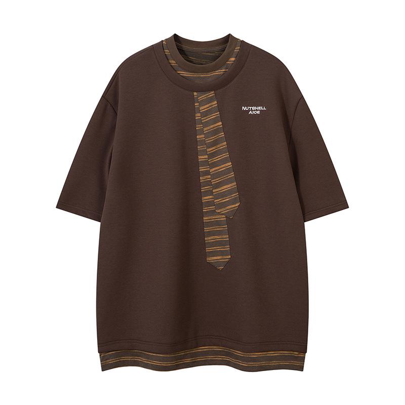 Men's Casual Short Sleeve Color Block Crew Neck T-Shirt with Embroidered Tie Design