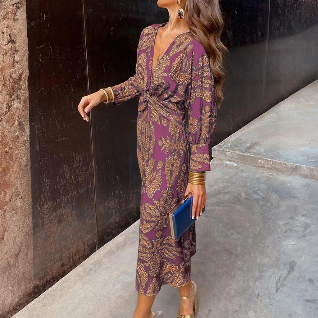 Ladies' Loose Comfortable Fashionable Casual Floral Print Long Sleeved Long Dress V-neck Dress