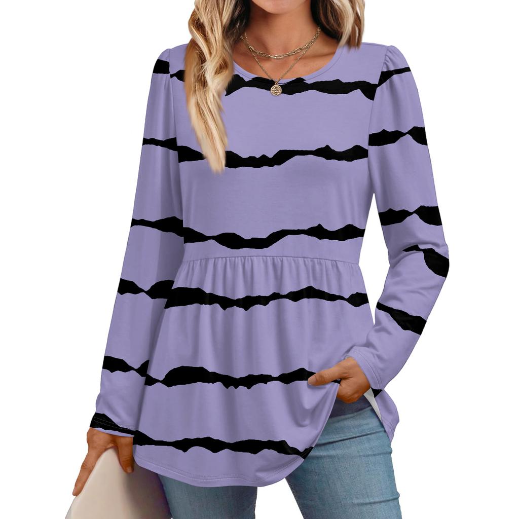 Women's Casual Fashion Long Sleeve Shirt Striped Tunic Top