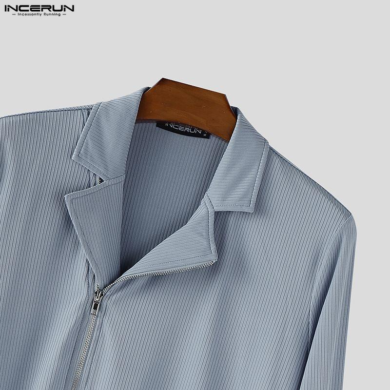INCERUN Men Lapel Neck Long Sleeve Side Zip-up Casual Fitted Rib Pullovers Undershirts