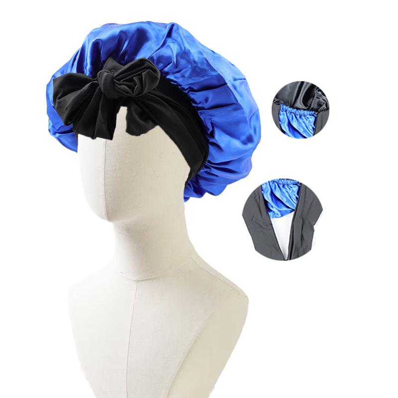 Satin Nightcap with Ribbon Bowknot, Double-Sided Silk Hair Cap, Leopard Print