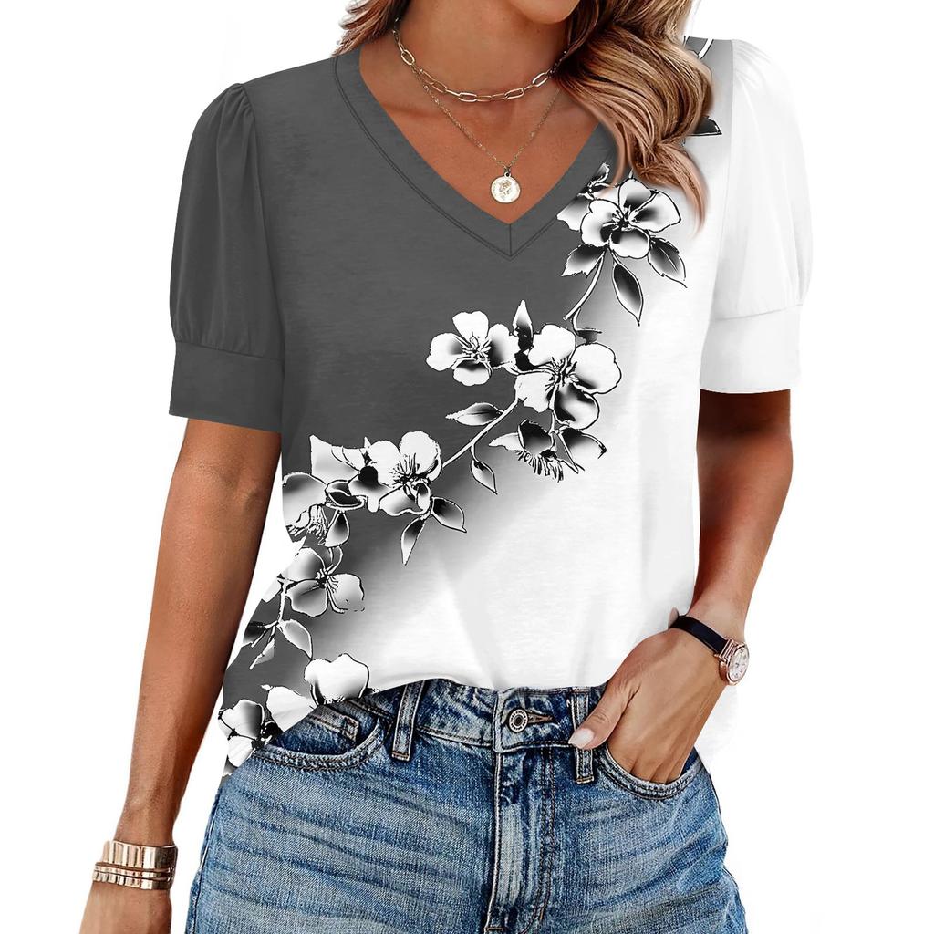 Женская Мода Повседневная V-образный вырез Короткий рукав Принт Рубашка Женские Топы