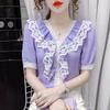 V Neck Lace Blouse Summer Fashion Flounce Short Sleeve T Shirt Women Trendy Youthful Top