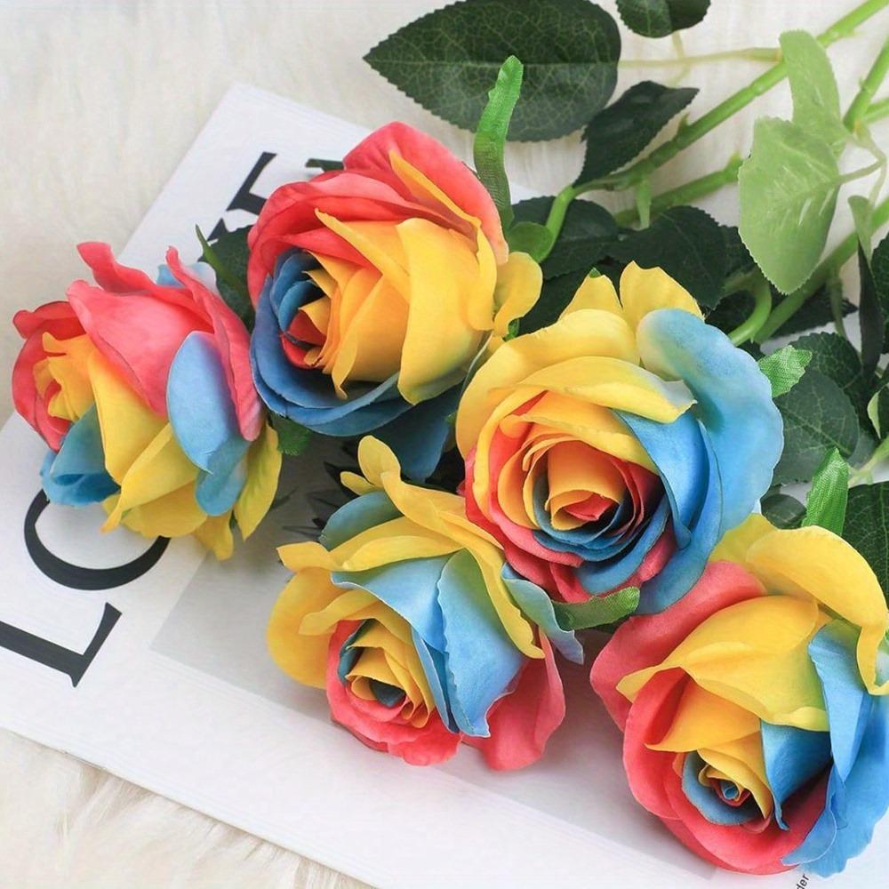 10 Pcs Silk Flowers Rainbow Fake Roses 50cm Artificial Flowers Fake Artificial Roses with Stems for Home Wedding Hotel Office Centerpiece Decor