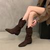 Coarse Heel Khaki Suede Pile Medium Knight Boots Women's Boots 2025 Autumn and Winter Pointed V-mouth Skinny Short Boots