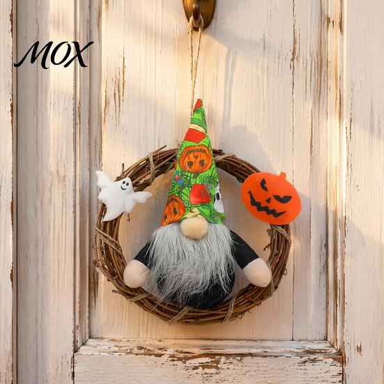 Hanging Door Decoration Halloween Gnome Wreath, Faceless Rattan Rustic Party Decor with Pumpkin Ghost for Front Wall Holiday Wreath