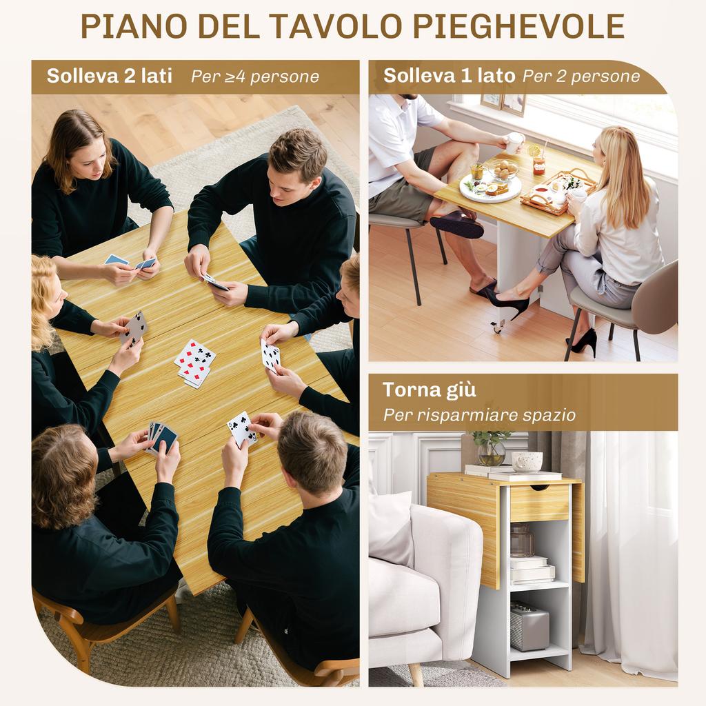 Folding Dining Table for 2-4 People with 2 Drop Leaves, Drawer and Shelves, Oak