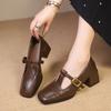 Fashion Brand Design T Strap Leather Shoes Women's French Square Toe Mary Jane Shoes Retro Brown Mid Heels Oxford Shoes Women's Pumps