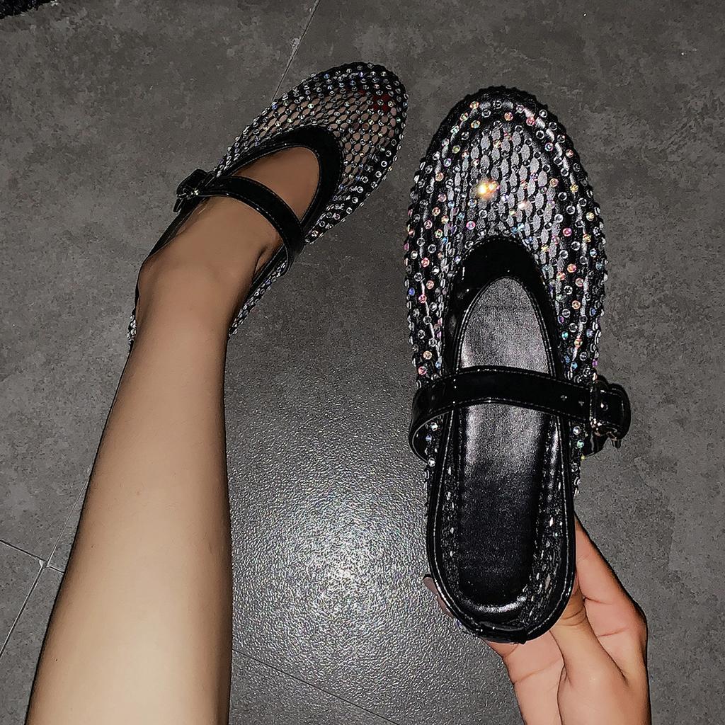 Crystal Hollow Flats Mary Jane Shoes Women Mesh Sandals Designer Summer 2025 Trend Woman Casual Dress Luxury Party Zapatos Mujer