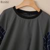 ZANZEA Женская повседневная блузка с круглым вырезом, рукавами-буфами, клетчатым принтом, вставками и свободного кроя
