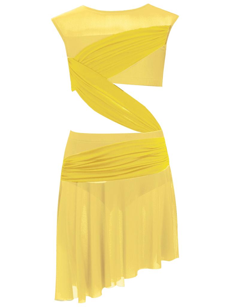 Платье для лирического танца для девочек, цельное, без рукавов, с прозрачной сетчатой вставкой, лоскутное, с асимметричным подолом, костюм для выступления