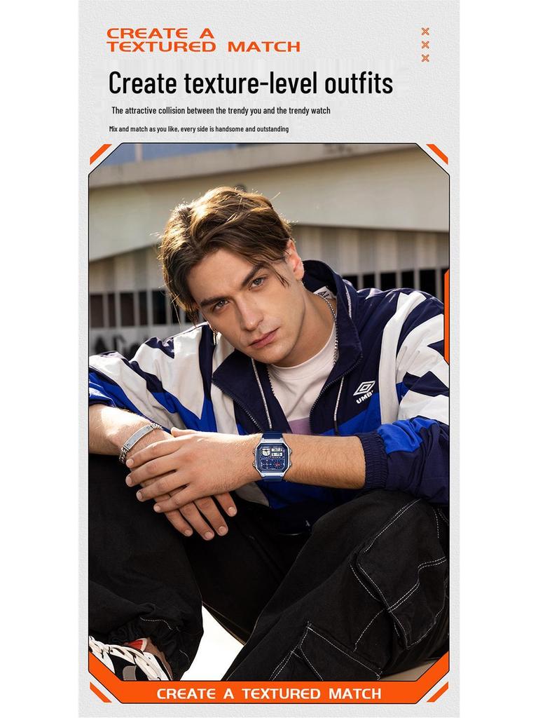 Sanda Temu Студенческие спортивные часы с измерением температуры, водонепроницаемые, двойной дисплей, многофункциональный квадратный дизайн