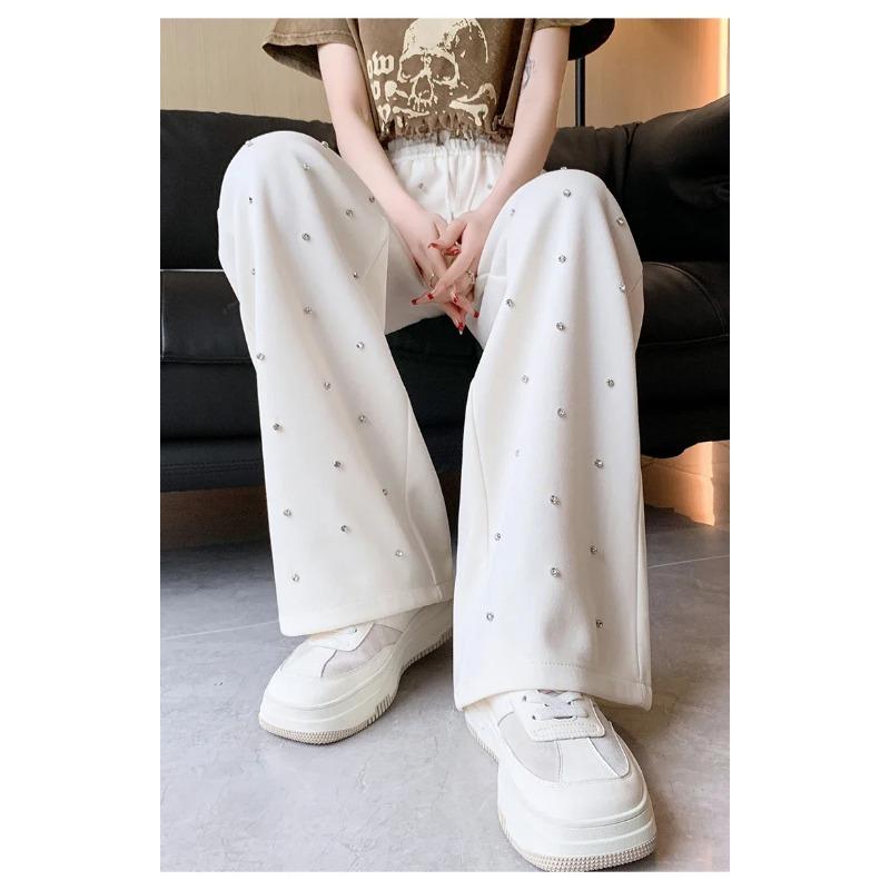 Heavy Industry Hot Diamond Wide Leg Pants for Women's Spring New Casual High Waist Loose Straight Tube Drop Floor Dragging Pants