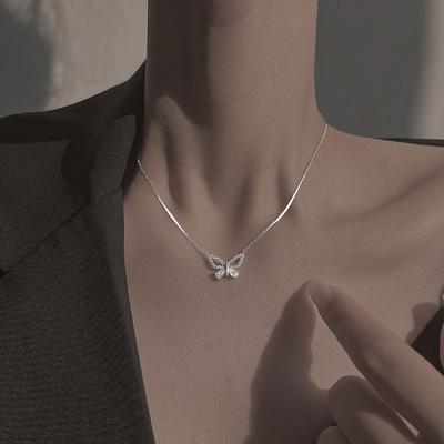 Новая цепочка из стерлингового серебра S925 с полой бабочкой и цирконом, женское ожерелье простого дизайна, свитер, цепочка на ключицы