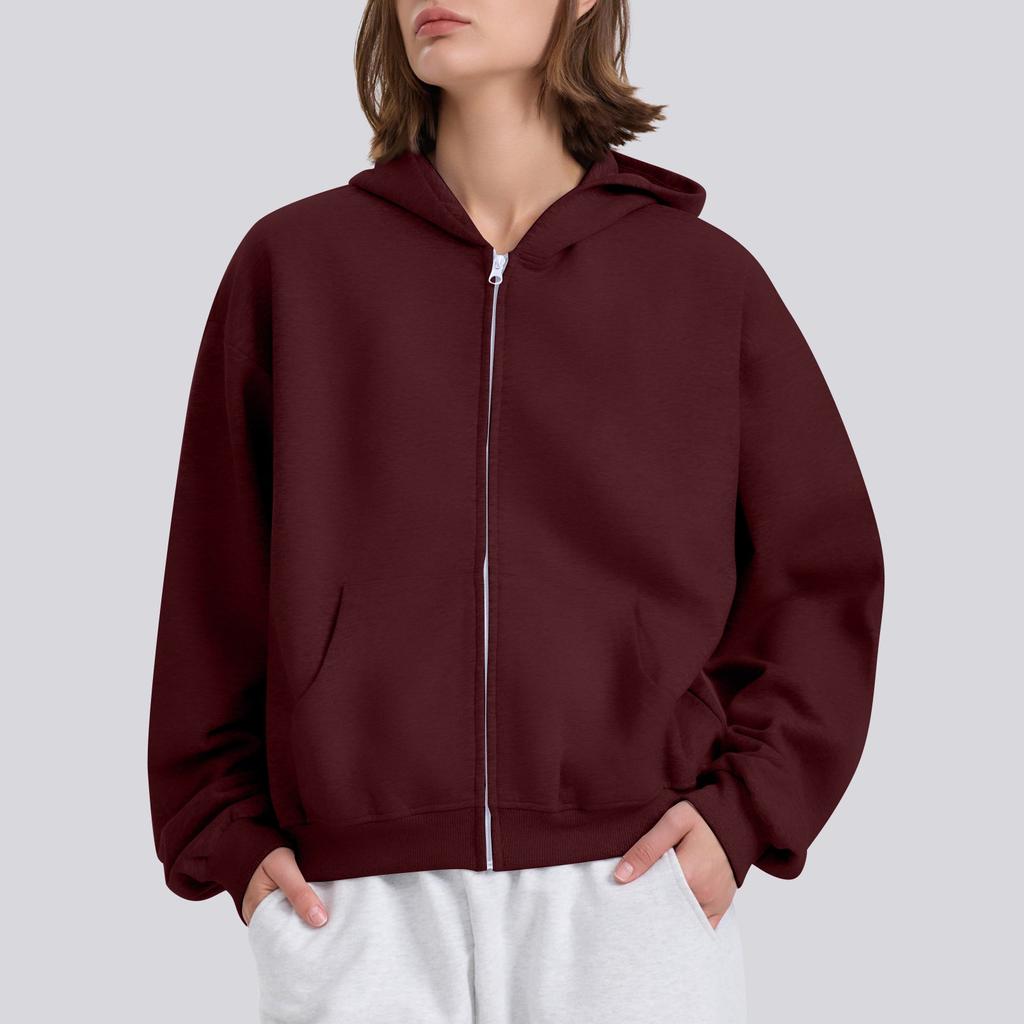 Женская однотонная свободная толстовка с капюшоном на молнии с длинным рукавом