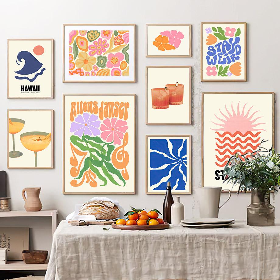 Пастельные цветы Солнце Волны Коктейль Минимализм Настенная живопись Холст Картина Скандинавские постеры и принты Настенные картины Декор гостиной