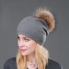 Осенне-зимние вязаные шерстяные шапки для женщин, модные шапки с помпоном, меховая шапка, женские теплые шапки с натуральным мехом енота