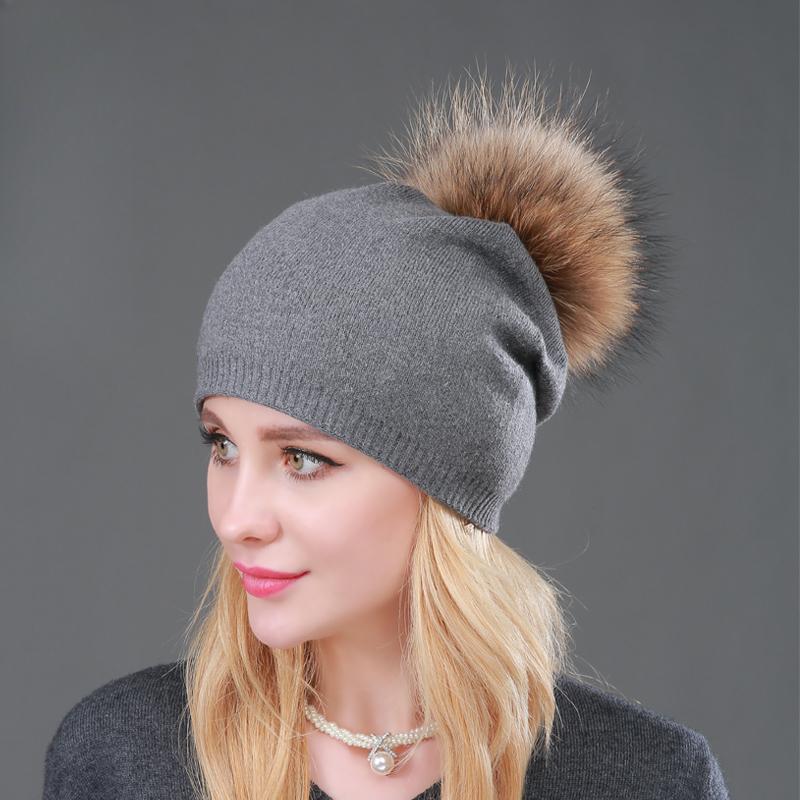 Осенне-зимние вязаные шерстяные шапки для женщин, модные шапки с помпоном, меховая шапка, женские теплые шапки с натуральным мехом енота