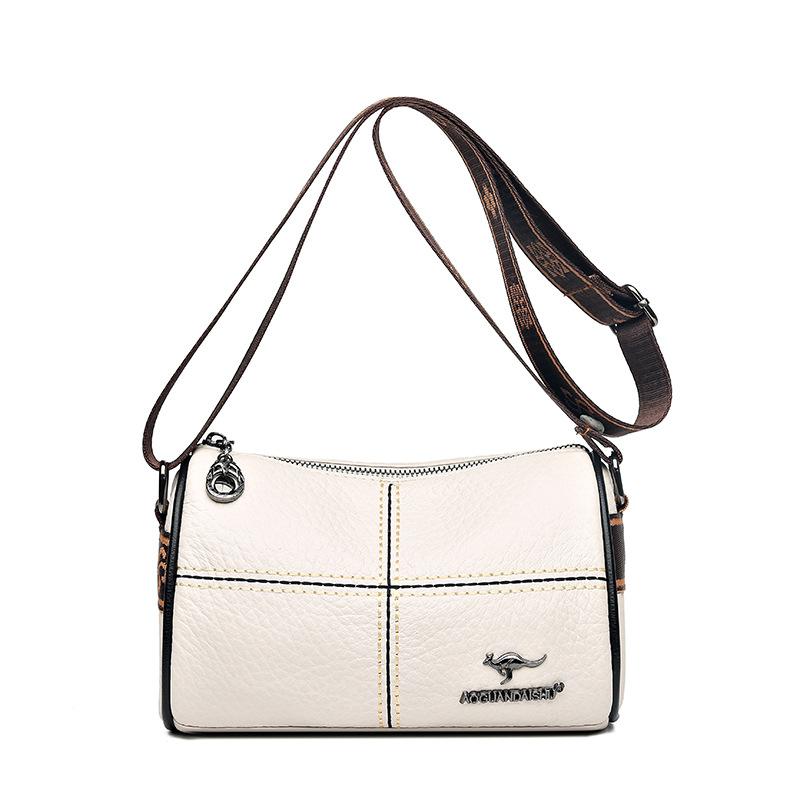 Head Layer Cowhide Women's Shoulder Bag, Casual Splicing Leather Crossbody Bag, Wide Shoulder Strap Embroidered Thread Cylindrical Bag