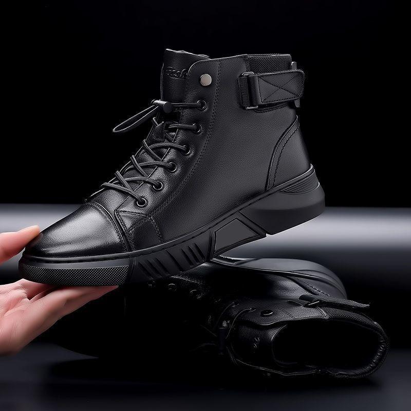 Leather Cowhide Martin Boots Men's Winter High Top Leather Boots Fleece British Cotton Leather Shoes Men's Cotton Shoes Warm Snow Boots