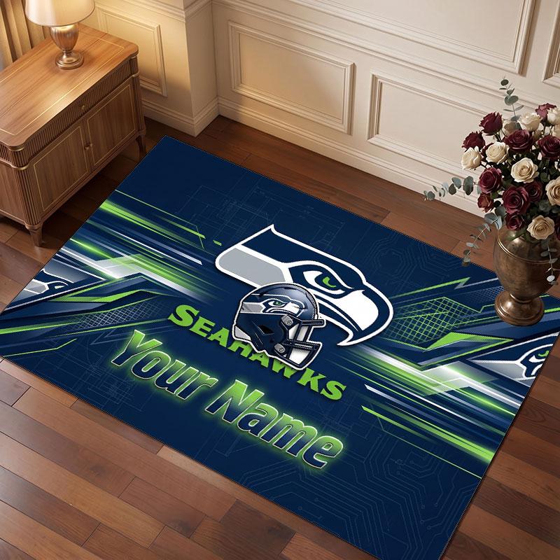 Seattle Seahawks Personalized Crystal Velvet Carpet, Customized Name Text Soft Anti‑Slip Rug for Living Room Bedroom