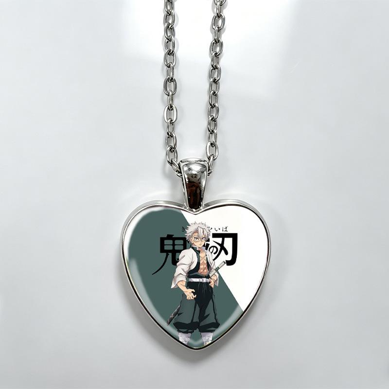 1Pc Demon Slayer Heart Alloy Necklace, Anime Character Time Gem Pendant Chain