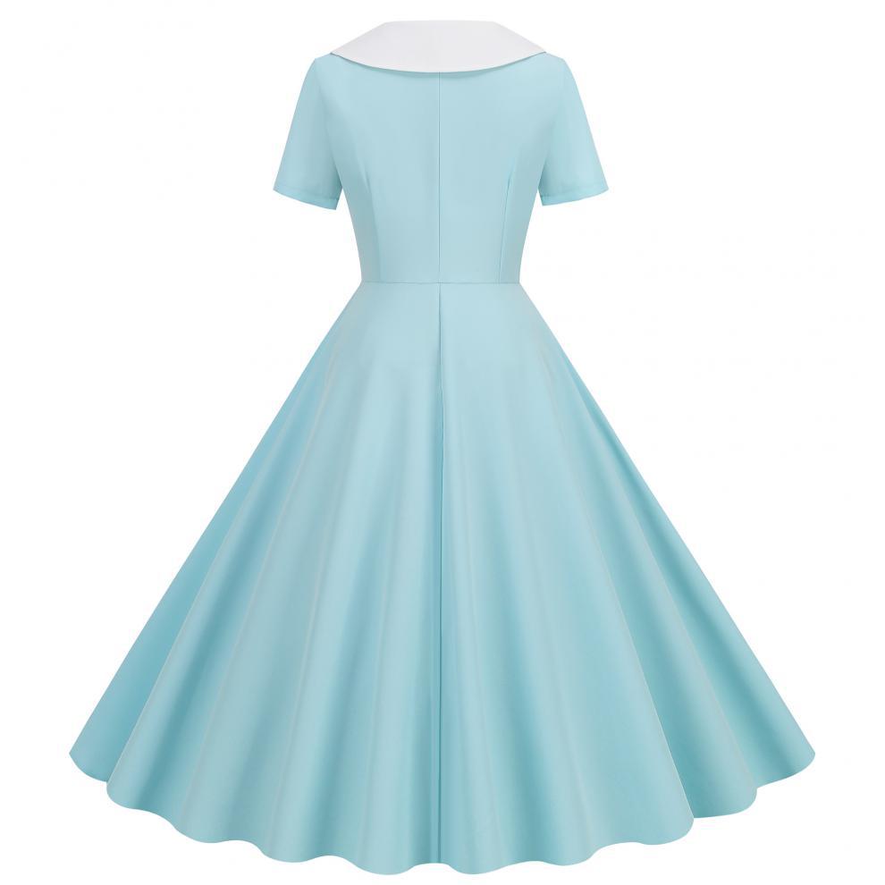 Летнее ретро-платье 2023 года с короткими рукавами и однотонным принтом