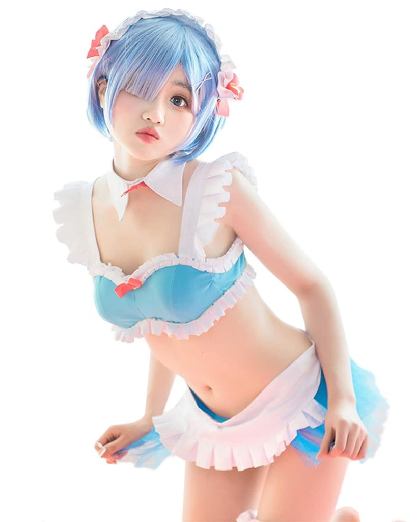milky time ReZero Rem Cosplay Swimsuit Bikini “Isekai-type” with Wig, Size M, Color Rem/Isekai-type