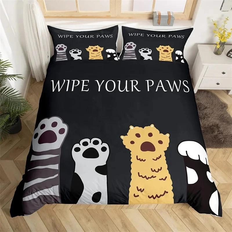 Cat Duvet Cover Polyester Pattern with Hipster Playful Feline Characters, Decorative 3 Piece Twin Bedding Set with 2 Pillow Sham